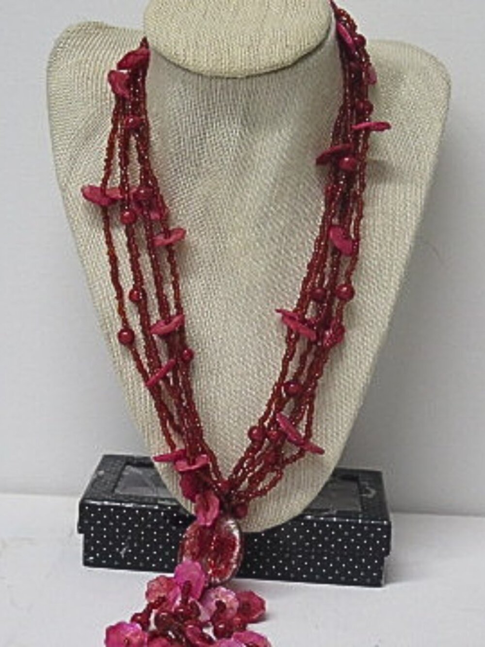 Vintage Red Pink Multi Strand Flower Tassel Statement Necklace